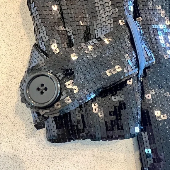 BEBE NWT SEQUIN TRENCH COAT BLACK SHINY TUXEDO COUTURE GALA FORMAL JACKET GLAMOR - Picture 11 of 16